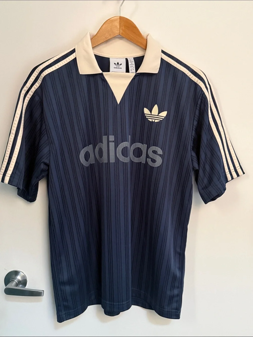 adidas Navy and Cream Trefoil Striped Polo Shirt